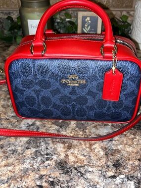 Coach Navy Signature Canvas Crossbody with Red Trim
